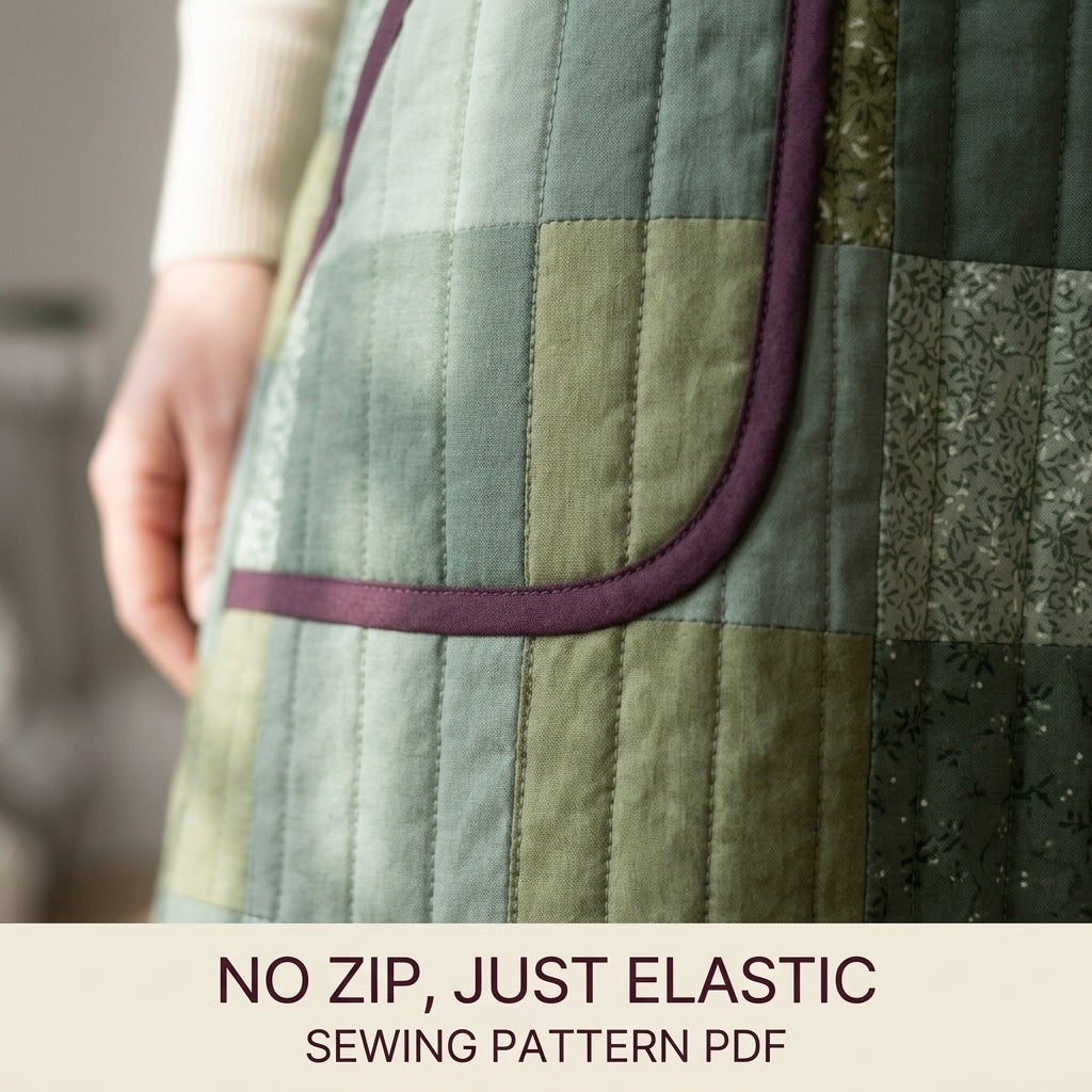 Quilted Skirt Sewing Pattern PDF – Patchwork Midi Skirt with Elastic Waist and Pockets