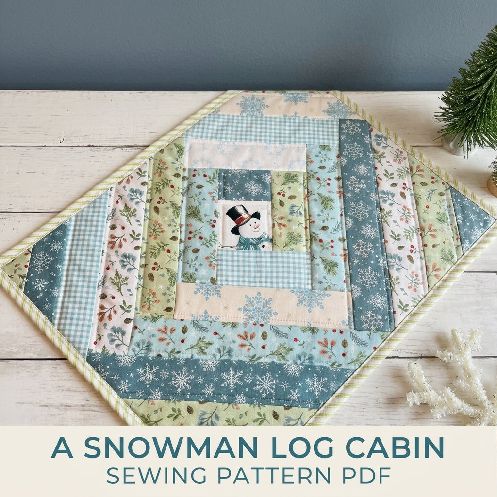 Snowman Log Cabin Placemat Sewing Pattern PDF – Winter Snowman Quilted Placemat