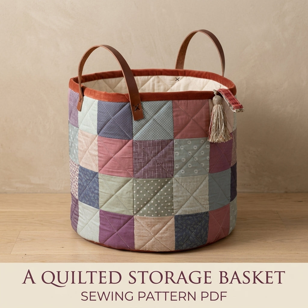 Patchwork Storage Basket Sewing Pattern PDF – Quilted Fabric Basket with Leather Handles