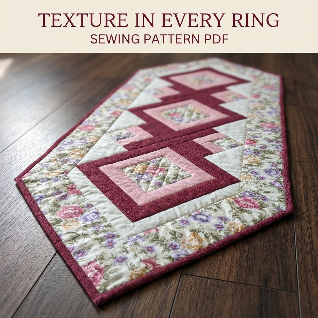 Rose Diamond Table Runner Sewing Pattern PDF – Log Cabin Quilted Runner with Rose Border