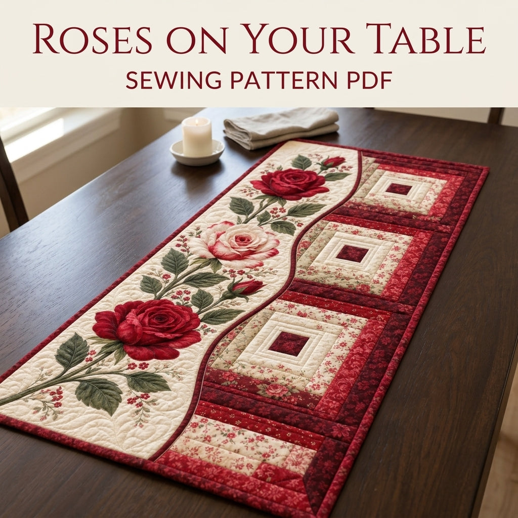 Rose Log Cabin Table Runner Sewing Pattern PDF – Appliqué Rose Quilted Runner