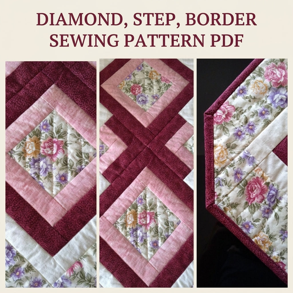 Rose Diamond Table Runner Sewing Pattern PDF – Log Cabin Quilted Runner with Rose Border