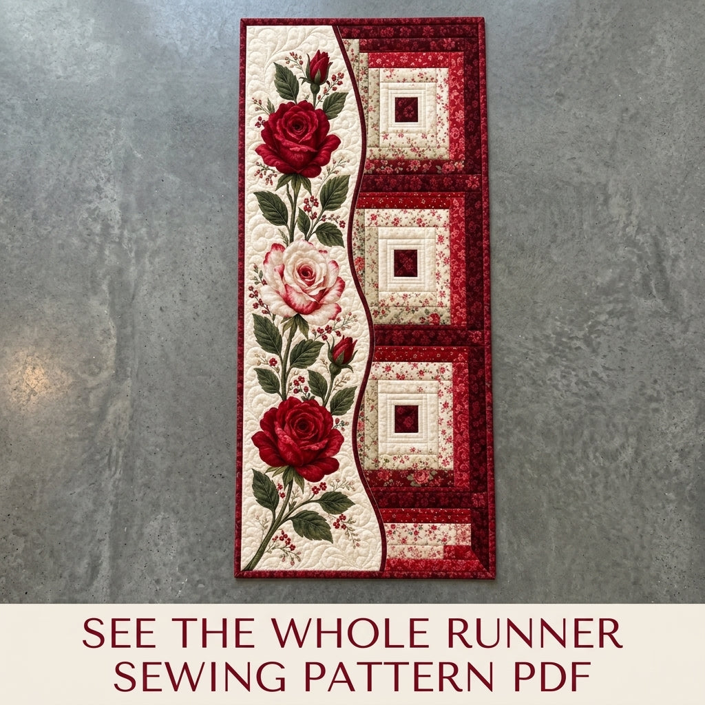 Rose Log Cabin Table Runner Sewing Pattern PDF – Appliqué Rose Quilted Runner