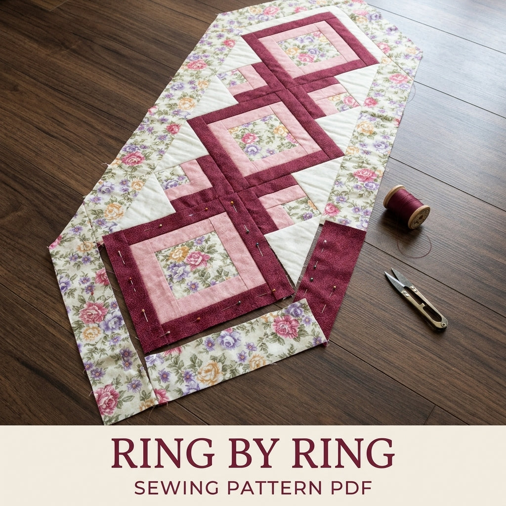 Rose Diamond Table Runner Sewing Pattern PDF – Log Cabin Quilted Runner with Rose Border