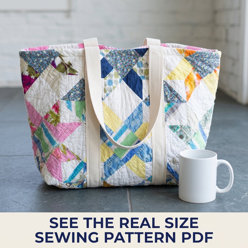 Scrappy Star Quilt Tote Sewing Pattern PDF – Upcycled Quilt Tote Bag