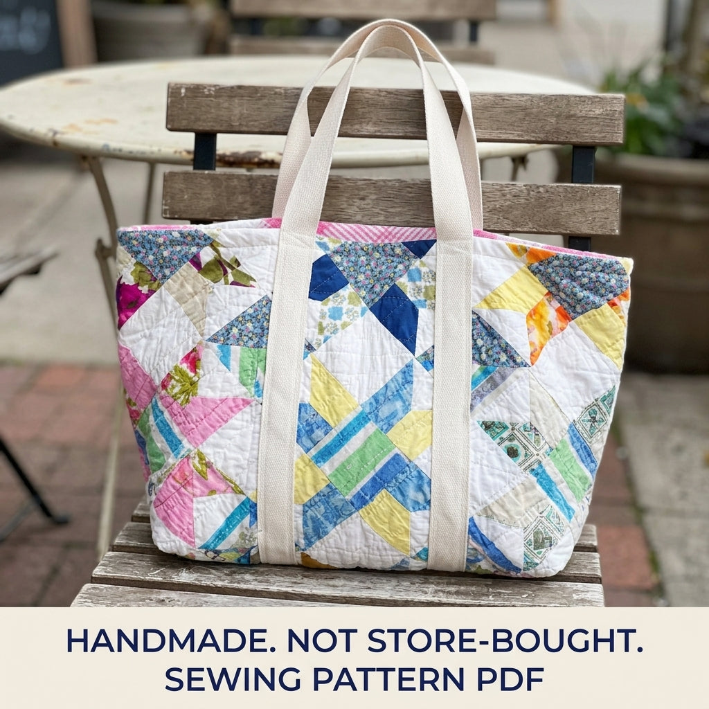 Scrappy Star Quilt Tote Sewing Pattern PDF – Upcycled Quilt Tote Bag