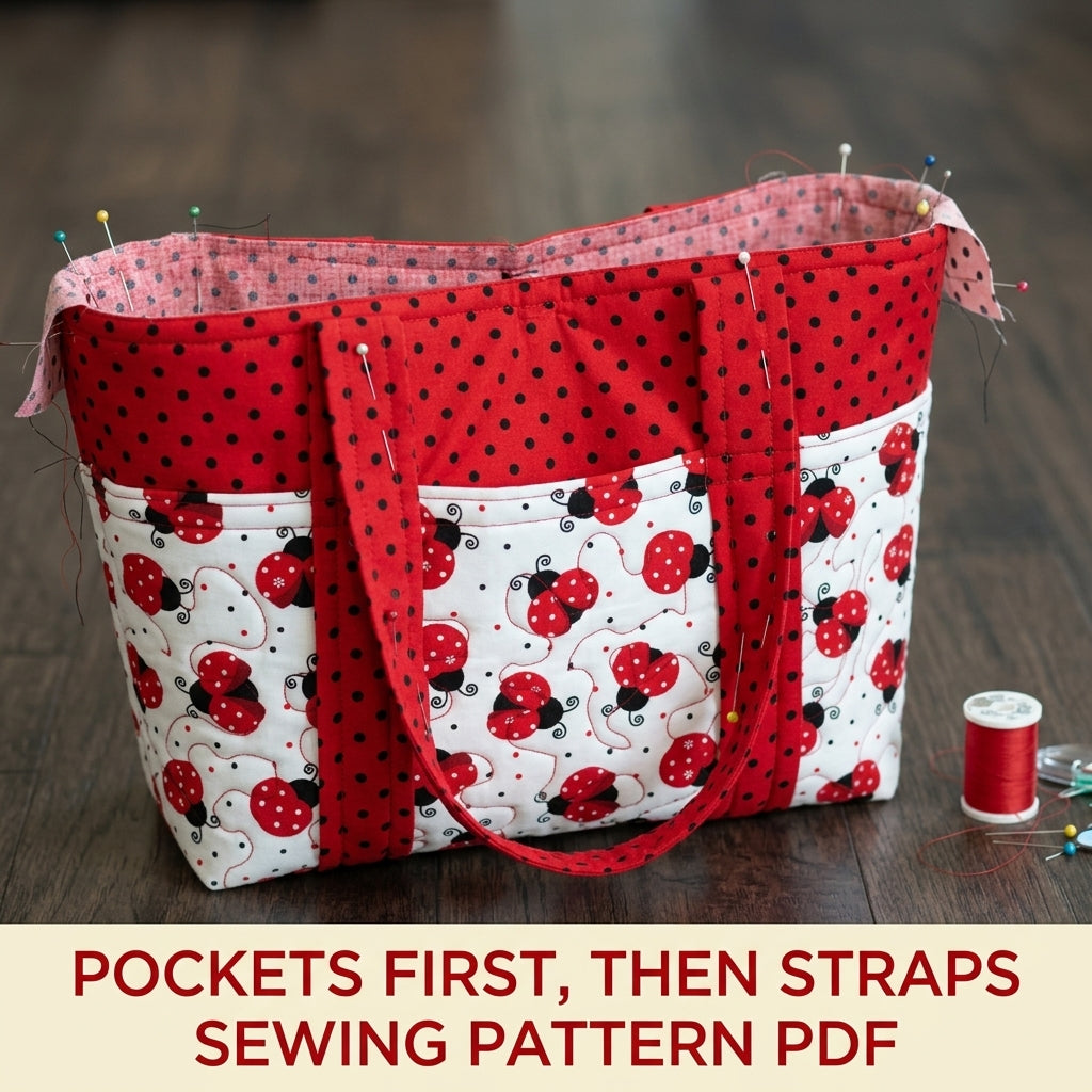 Ladybird Print Pocket Tote Sewing Pattern PDF – Quilted Tote Bag with Outside Pockets