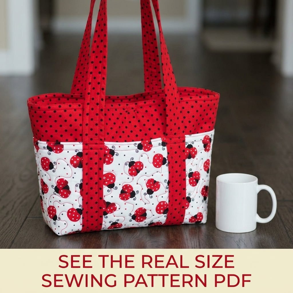 Ladybird Print Pocket Tote Sewing Pattern PDF – Quilted Tote Bag with Outside Pockets
