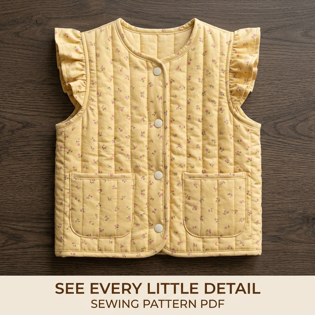 Children's Quilted Vest Sewing Pattern PDF – Girls' Ruffle Vest with Patch Pockets