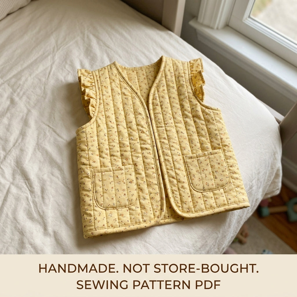 Children's Quilted Vest Sewing Pattern PDF – Girls' Ruffle Vest with Patch Pockets