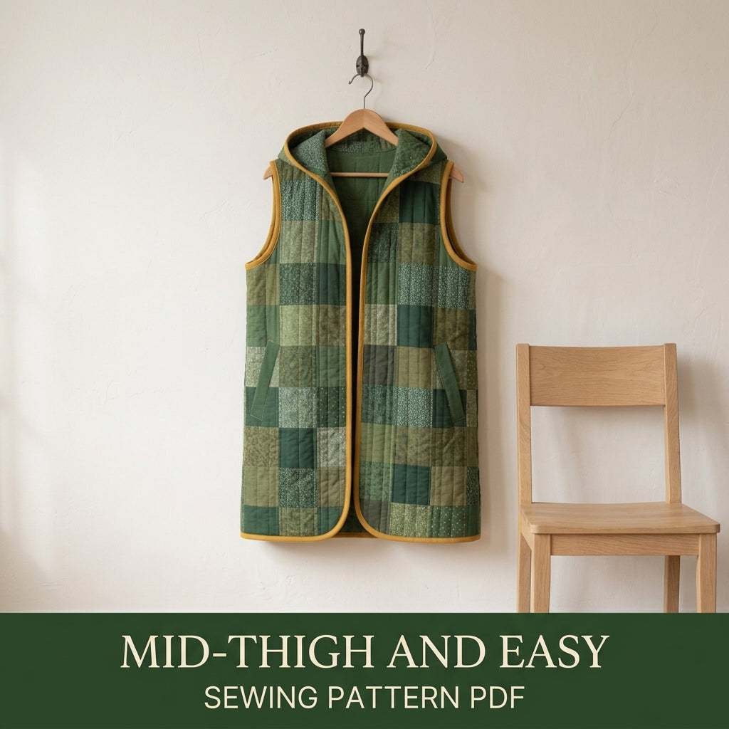 Quilted Patchwork Vest Sewing Pattern PDF – Long Hooded Quilt Vest with Pockets and Bias Binding