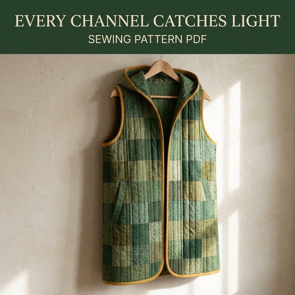 Quilted Patchwork Vest Sewing Pattern PDF – Long Hooded Quilt Vest with Pockets and Bias Binding