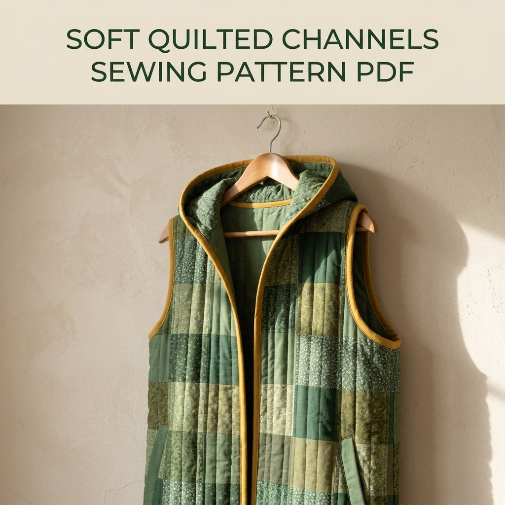 Long Hooded Quilted Vest Sewing Pattern PDF – Knee-Length Patchwork Vest with Pockets and Binding
