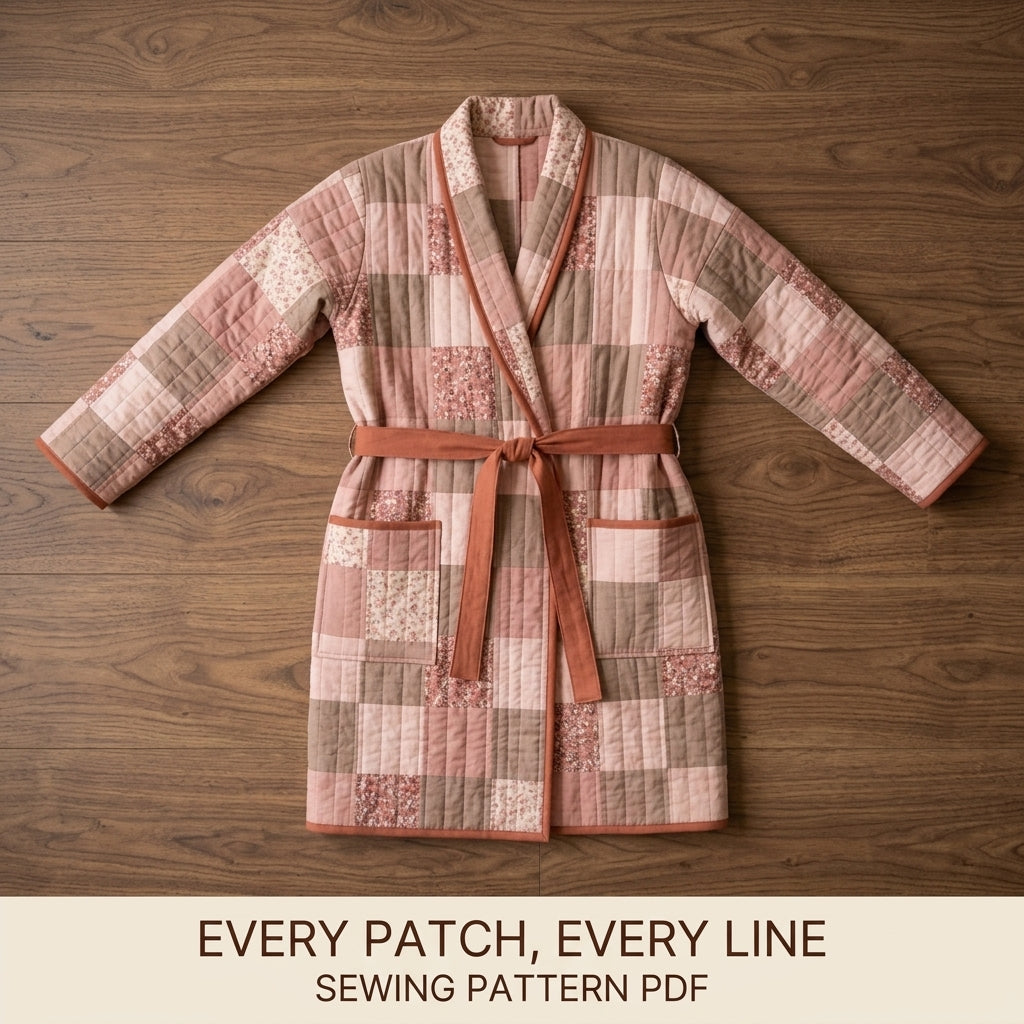Quilted Robe Sewing Pattern PDF – Patchwork Wrap Robe with Shawl Collar and Pockets