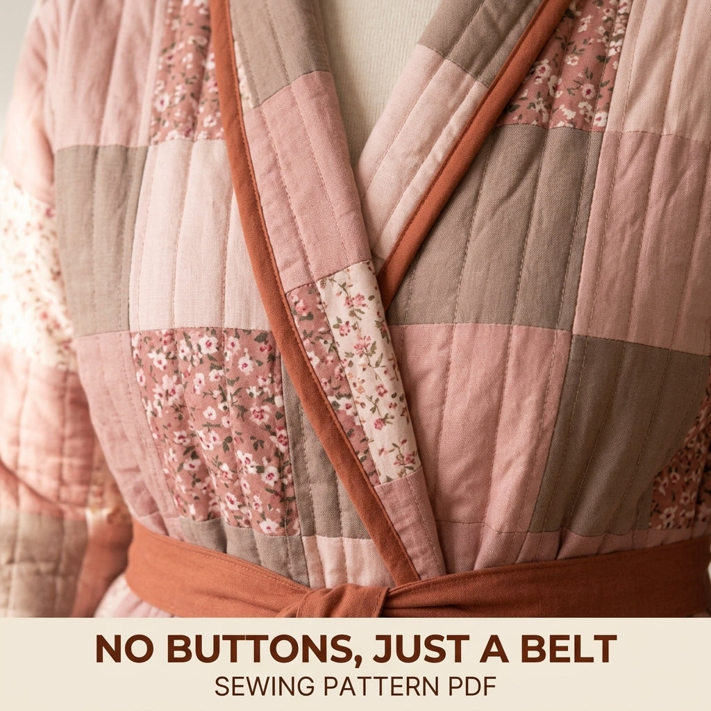 Quilted Robe Sewing Pattern PDF – Patchwork Wrap Robe with Shawl Collar and Pockets