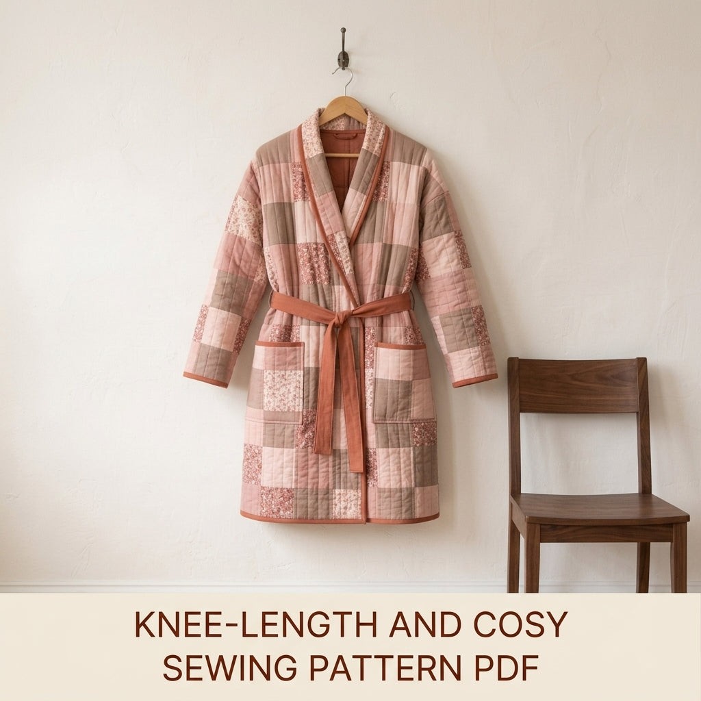 Quilted Robe Sewing Pattern PDF – Patchwork Wrap Robe with Shawl Collar and Pockets