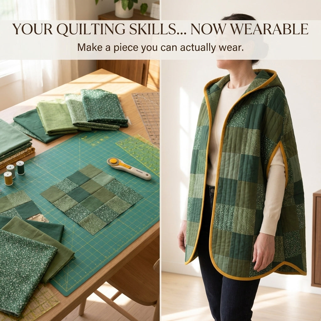Quilted Cape Sewing Pattern – Hooded Patchwork Cape with Arm Slits