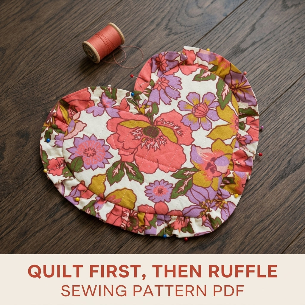 Floral Ruffle Heart Bag Sewing Pattern PDF – Quilted Heart Shoulder Bag with Ruffle