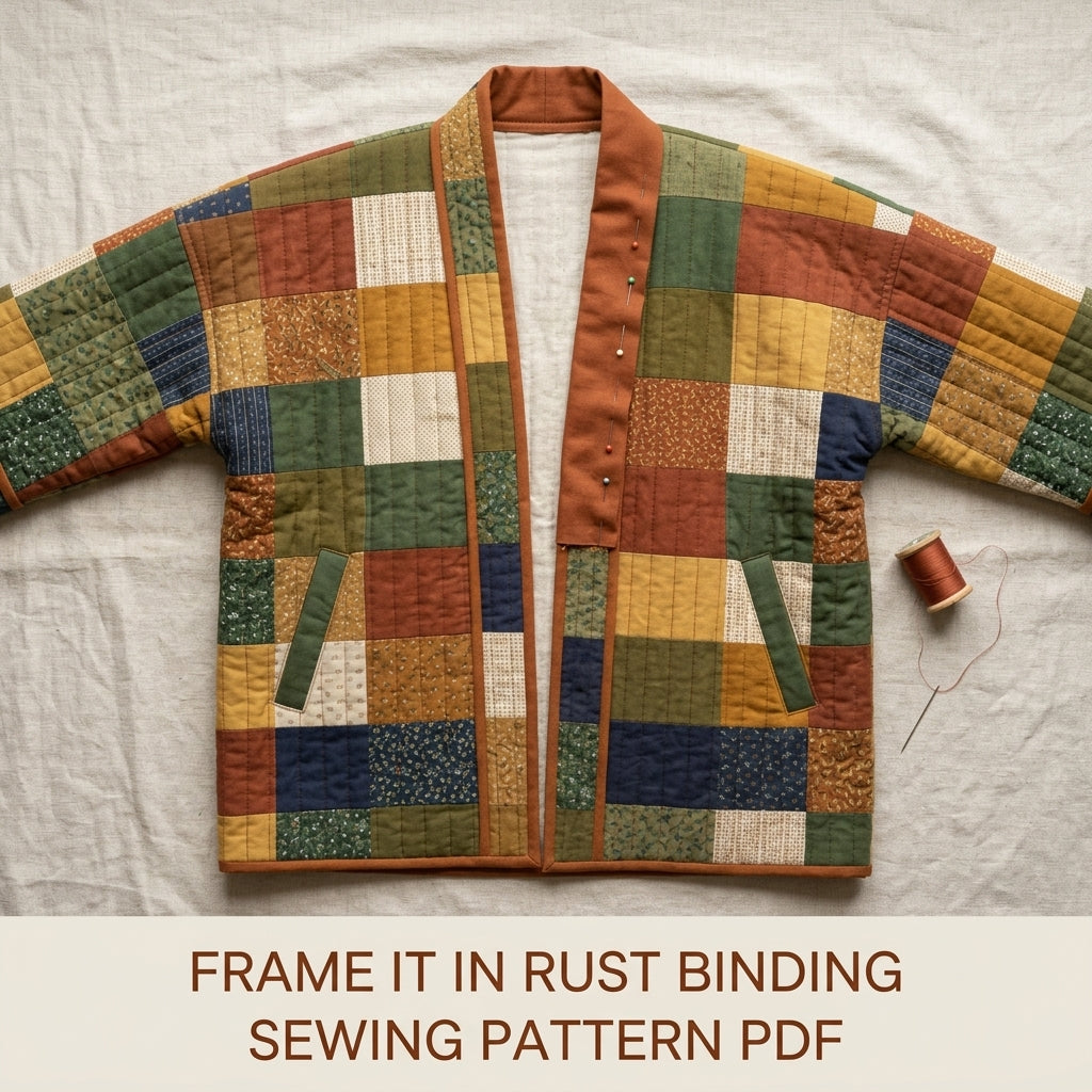 Quilted Kimono Jacket Sewing Pattern PDF – Patchwork Kimono Wrap with Wide Sleeves and Band Collar