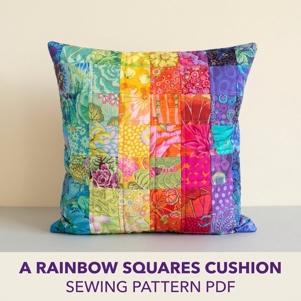 Rainbow Squares Cushion Sewing Pattern PDF – Bold Print Patchwork Pillow