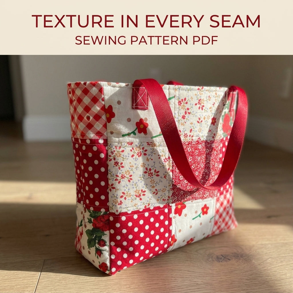 Red Patchwork Tote Sewing Pattern PDF – Easy Nine Patch Tote Bag