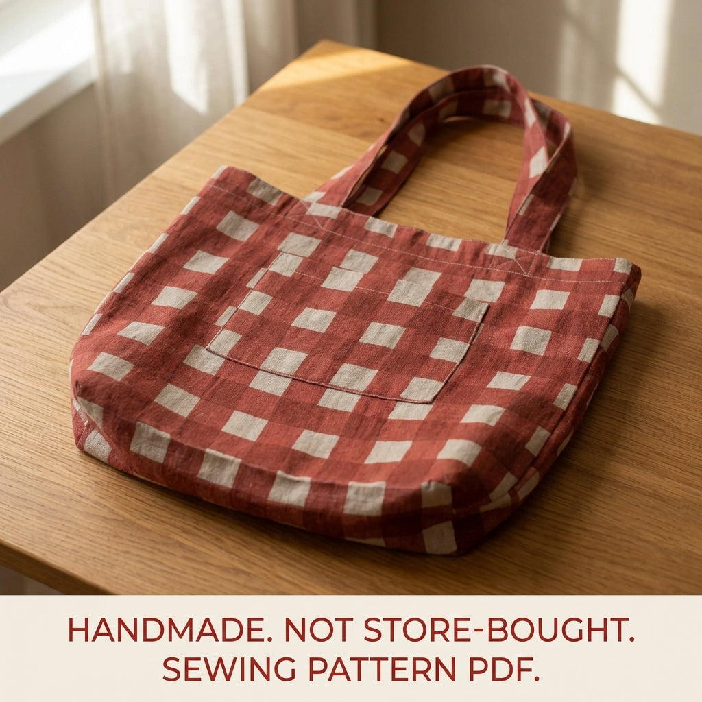 Gingham Tote Bag Sewing Pattern PDF – Linen Tote with Patch Pocket
