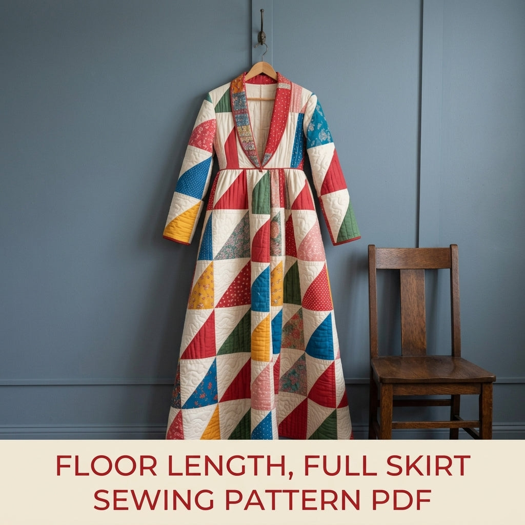 Patchwork Quilted Robe Coat Sewing Pattern PDF – Floor-Length Half-Square Triangle Quilt Coat