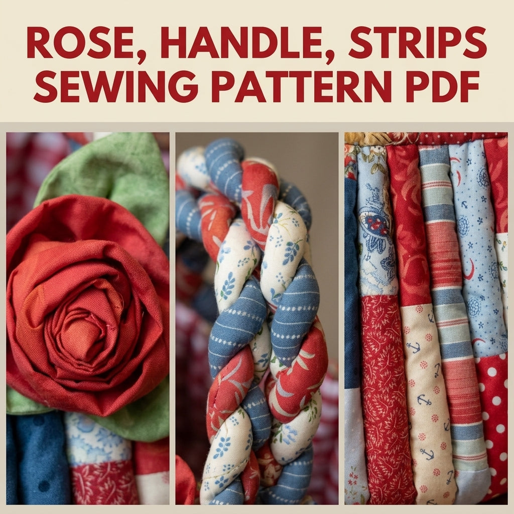 Braided Handle Strip Basket Sewing Pattern PDF – Scrappy Fabric Basket with Rose