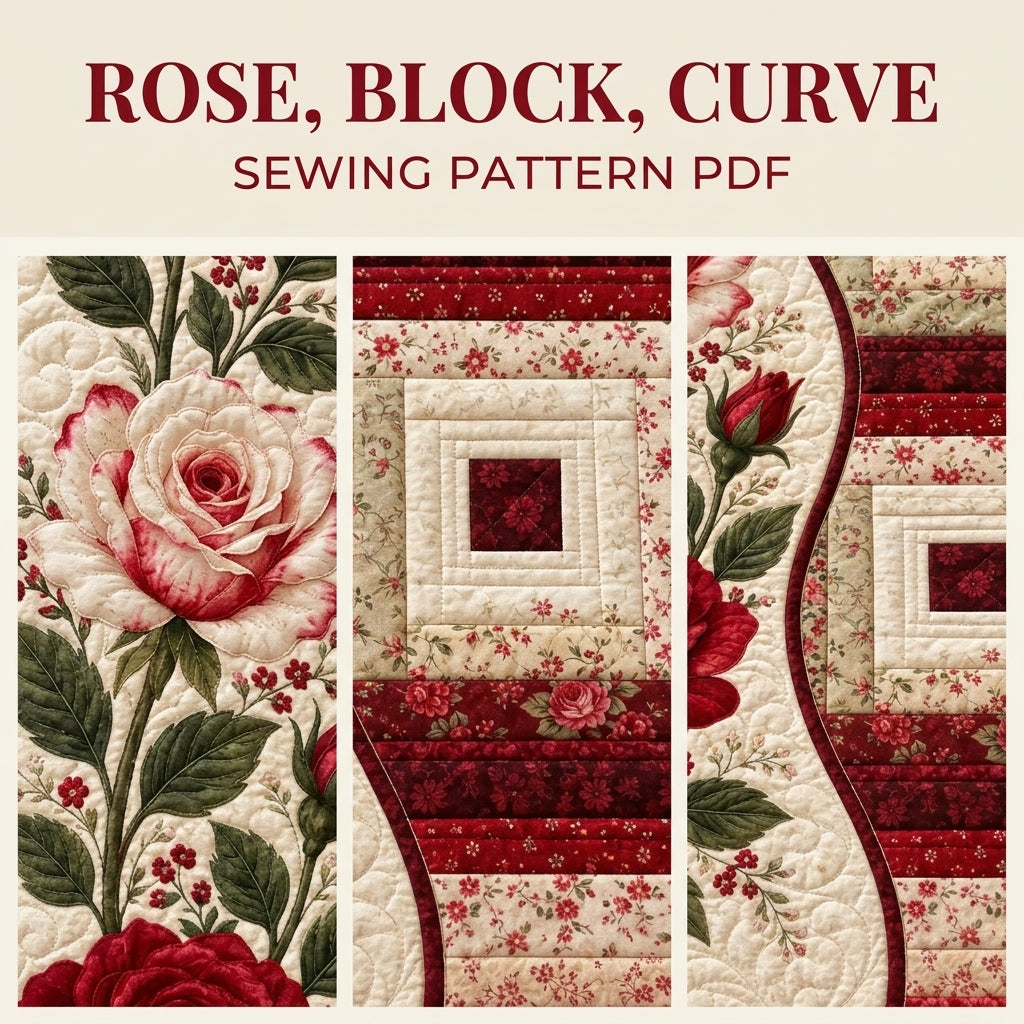 Rose Log Cabin Table Runner Sewing Pattern PDF – Appliqué Rose Quilted Runner