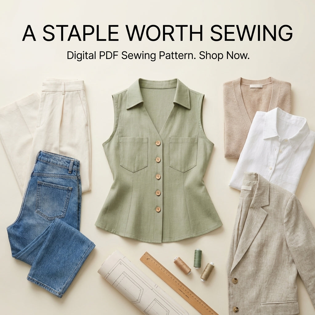 Sleeveless Linen Shirt Top Sewing Pattern — Fitted Button-Front Blouse with Patch Pockets, Sizes XS–3XL, A0 and A4 Layered PDF