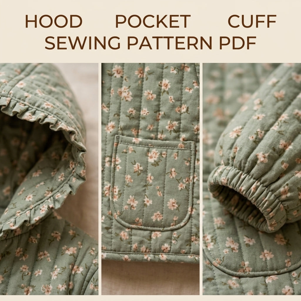 Children's Quilted Hooded Jacket Sewing Pattern PDF – Girls' Jacket with Frilled Hood and Pockets