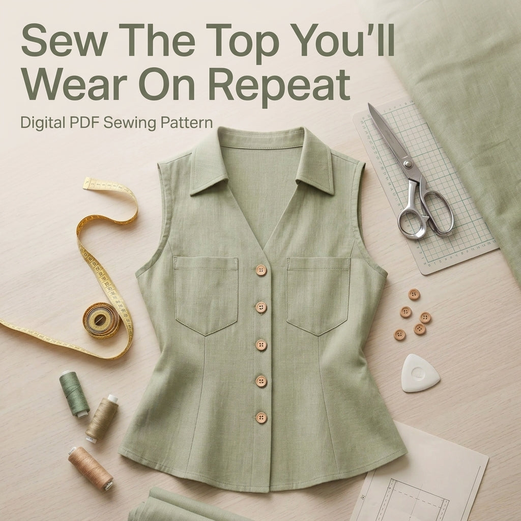 Sleeveless Linen Shirt Top Sewing Pattern — Fitted Button-Front Blouse with Patch Pockets, Sizes XS–3XL, A0 and A4 Layered PDF