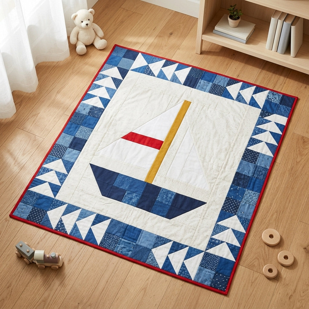 Sailboat Baby Quilt Pattern PDF – Nautical Pieced Nursery Quilt with Flying Geese Border