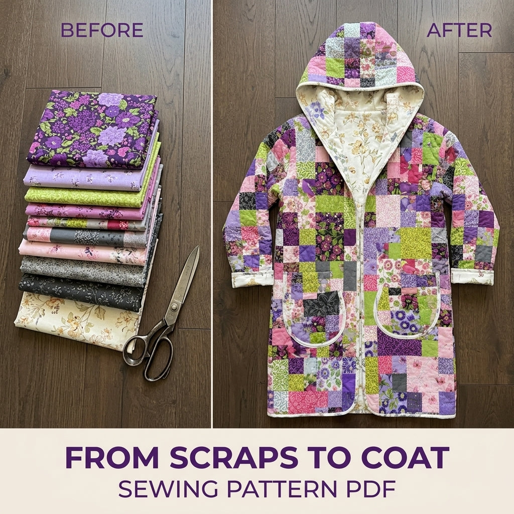 Hooded Patchwork Quilt Coat Sewing Pattern PDF – Long Quilted Coat with Hood