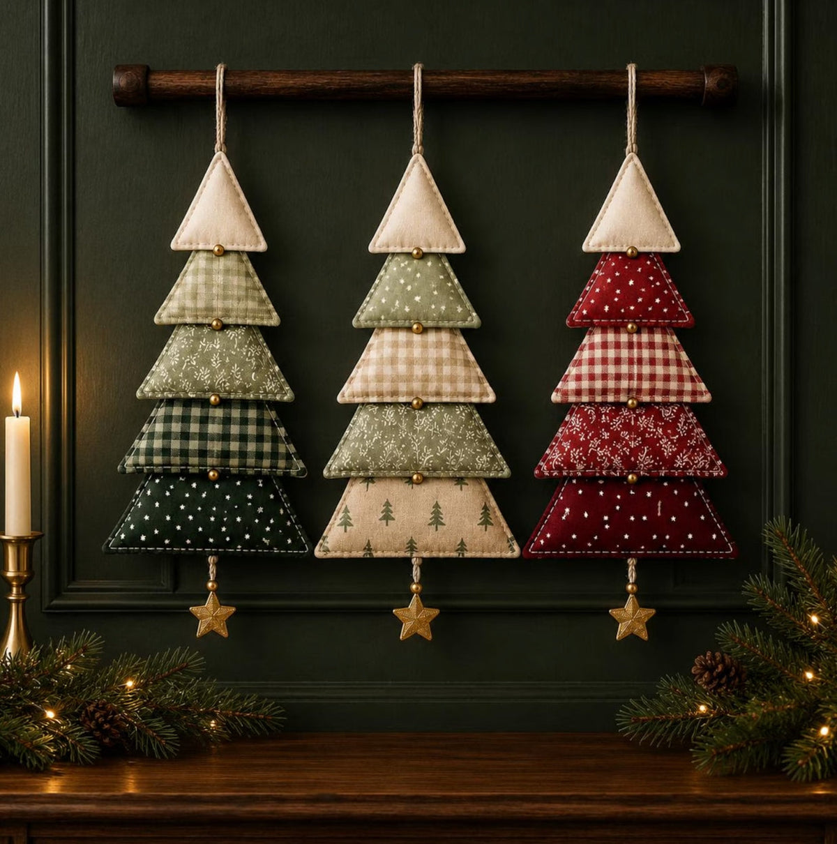 Hanging Fabric Christmas Trees Sewing Pattern — Set of 3 Tiered Tree Ornaments with Star Charms, PDF Download