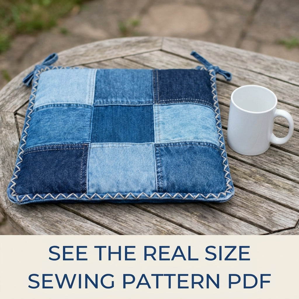 Denim Patchwork Chair Cushion Set Sewing Pattern PDF – Upcycled Jeans Seat Pads
