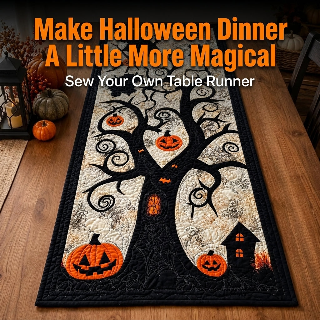 Halloween Table Runner PDF Quilt Pattern | Appliqué Spooky Tree with Jack-O'-Lanterns & Bats | Intermediate Quilting Project | Instant Download