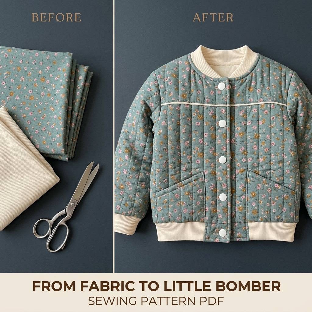 Children's Quilted Bomber Jacket Sewing Pattern PDF – Kids' Bomber with Rib Trims and Piping
