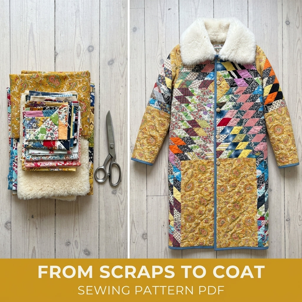 String Diamond Patchwork Long Quilted Coat Sewing Pattern PDF – String Diamond Patchwork Coat with Big Collar