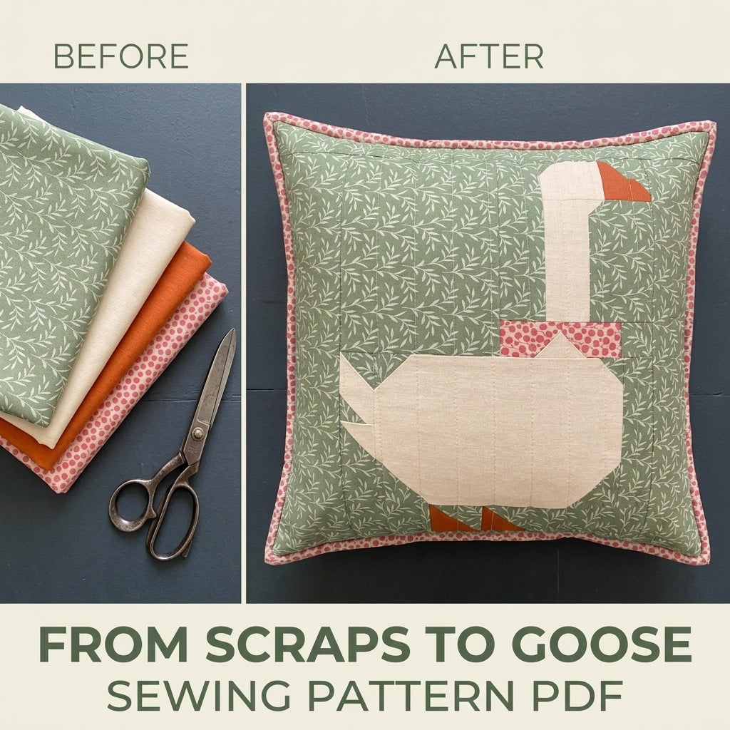 Goose Patchwork Cushion Sewing Pattern PDF – Pieced Goose Pillow with Bow