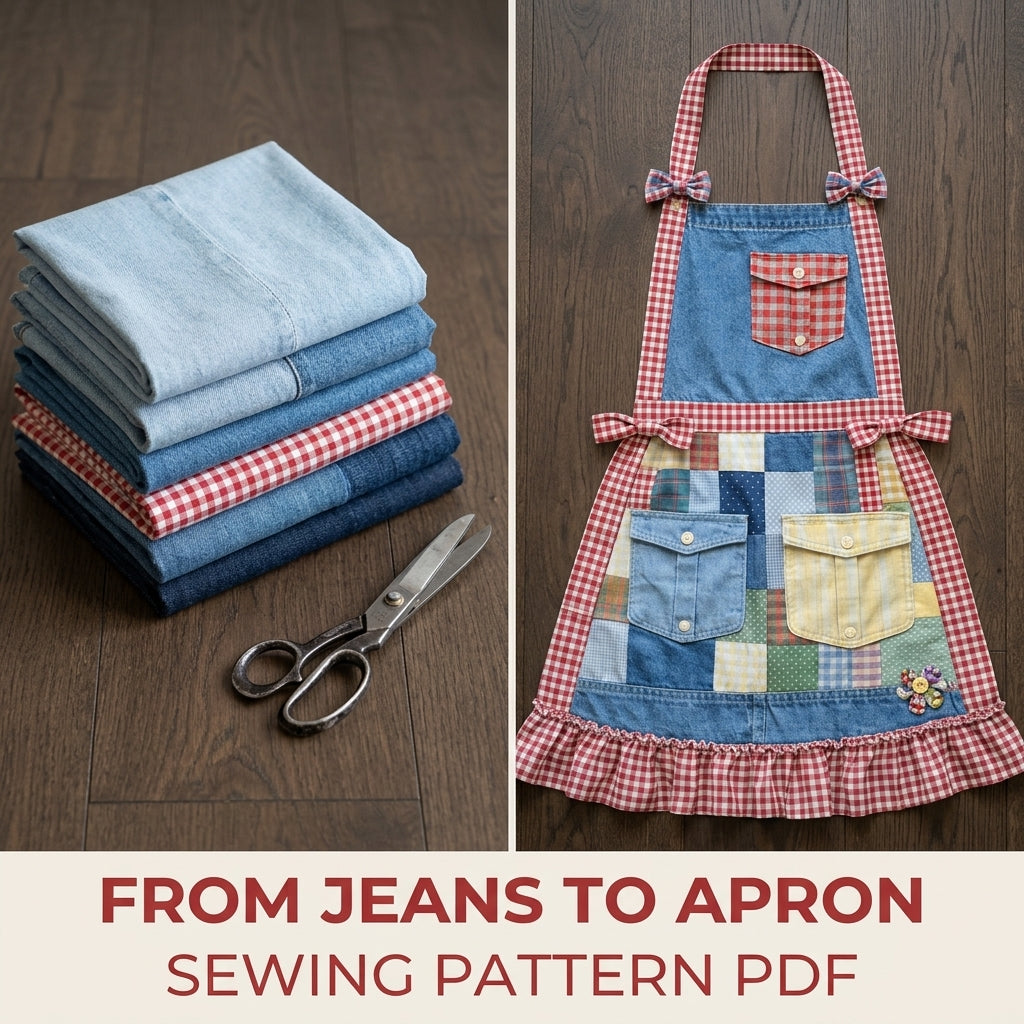 Denim Patchwork Ruffle Apron Sewing Pattern PDF – Upcycled Jeans Apron