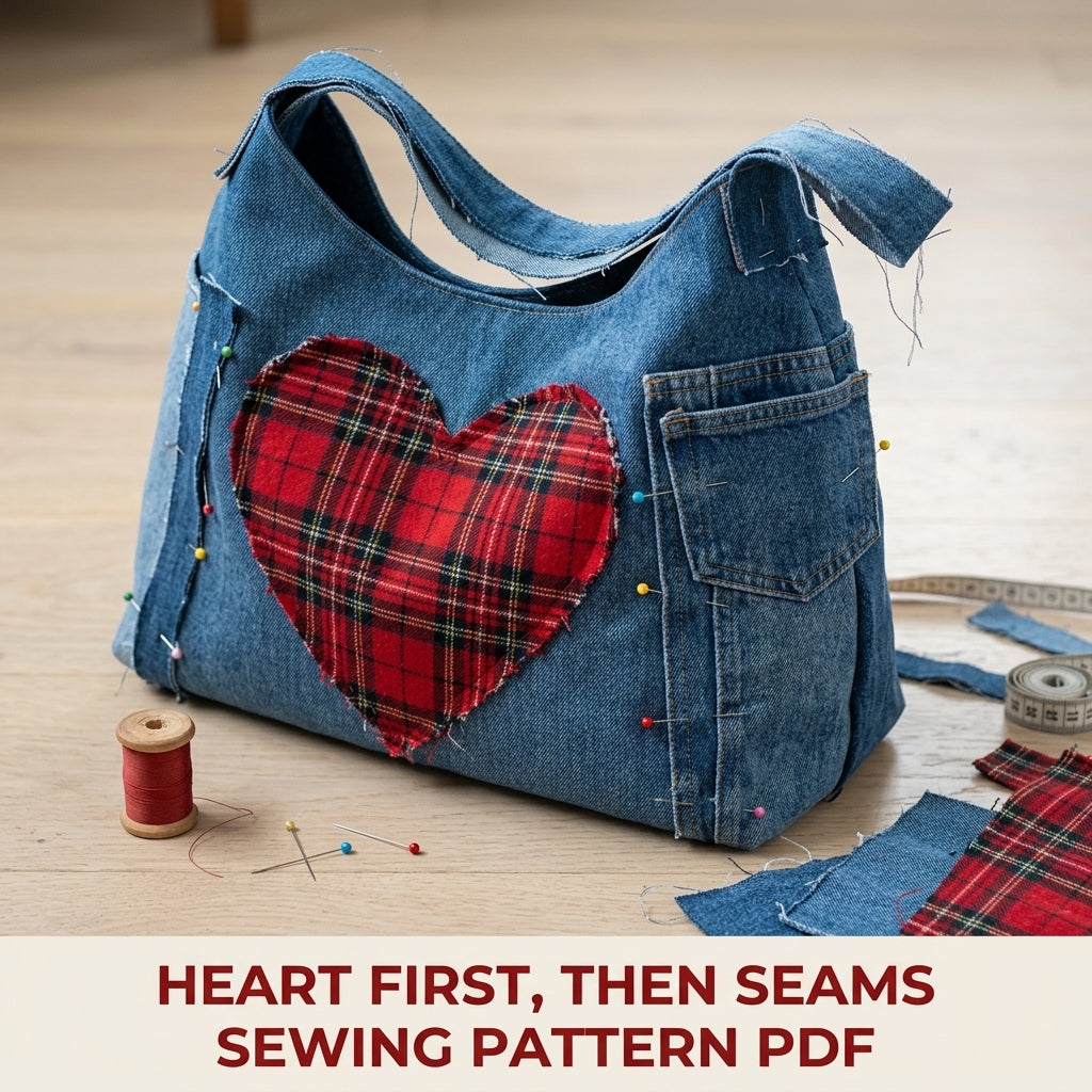Tartan Heart Denim Hobo Bag Sewing Pattern PDF – Upcycled Jeans Bag with Plaid Heart