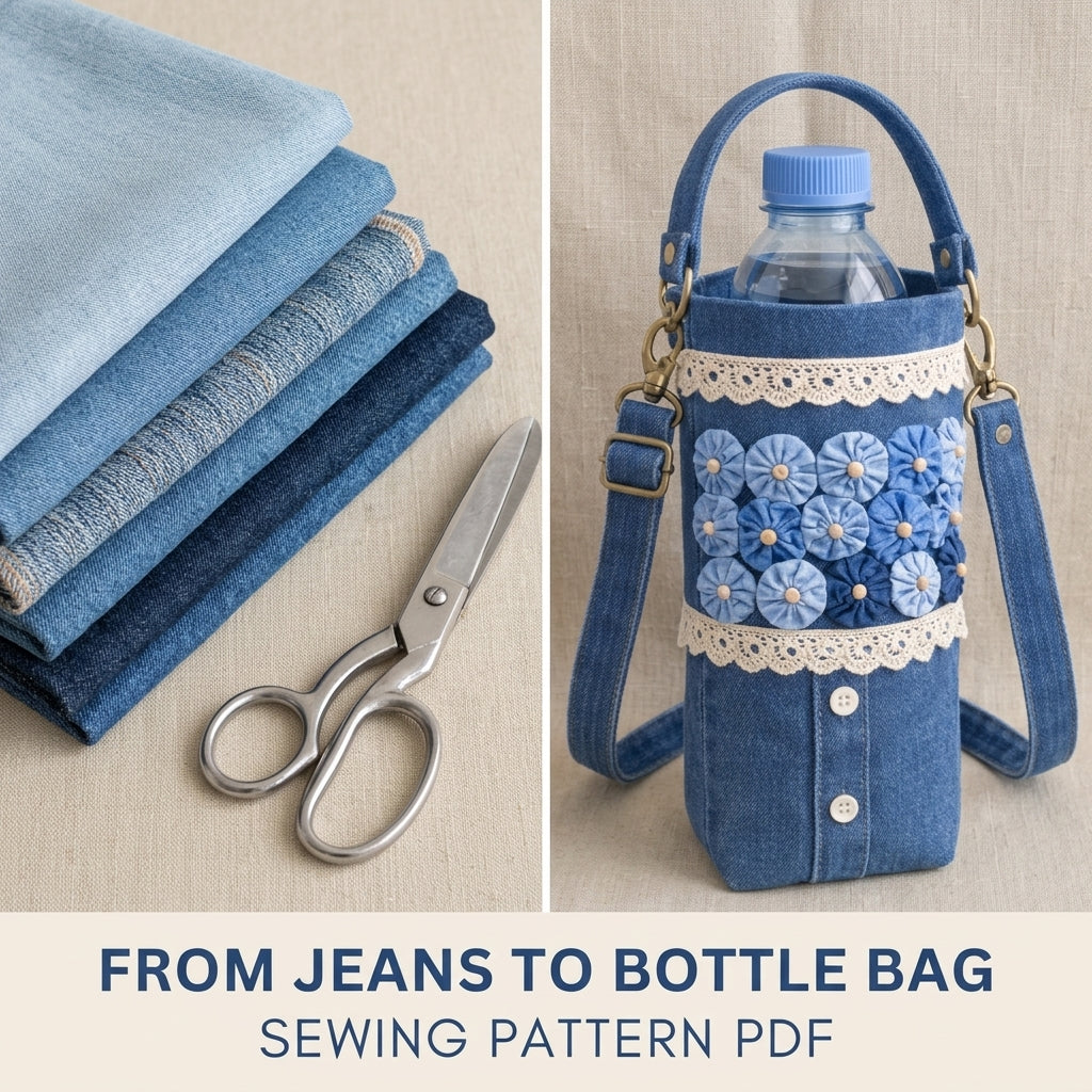 Yo-Yo Flower Denim Bottle Bag Sewing Pattern PDF – Crossbody Water Bottle Holder