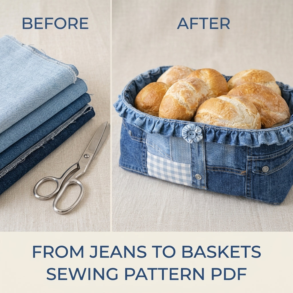 Ruffled Denim Kitchen Basket Set Sewing Pattern PDF – Bread Basket and Cutlery Trays
