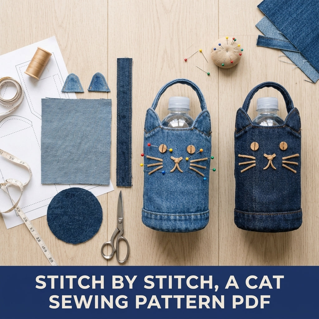 Denim Cat Bottle Bag Sewing Pattern PDF – Upcycled Jeans Water Bottle Holder
