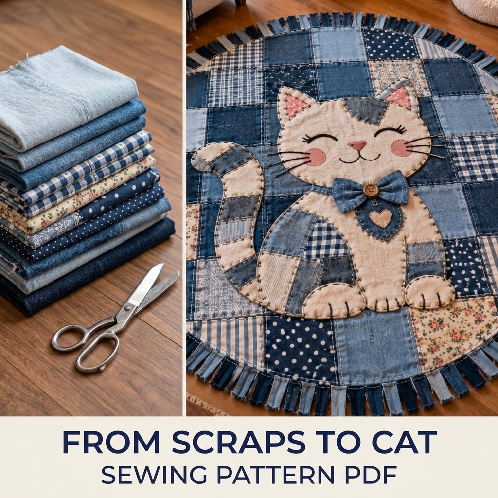 Denim Patchwork Cat Round Rug Sewing Pattern PDF – Upcycled Jeans Cat Rug