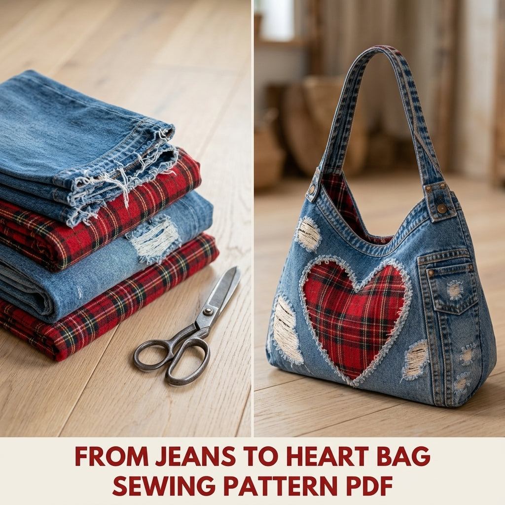 Tartan Heart Denim Hobo Bag Sewing Pattern PDF – Upcycled Jeans Bag with Plaid Heart