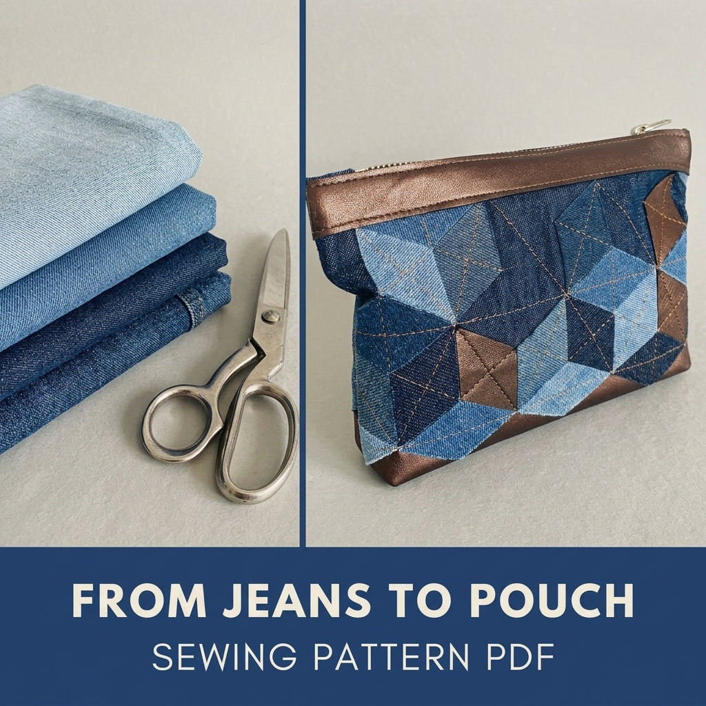 Denim Tumbling  Zip Pouch Sewing Pattern PDF – Tumbling Blocks Patchwork Pouch