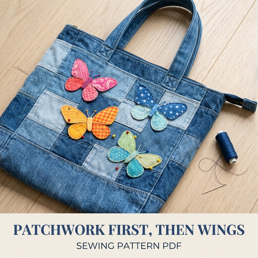 Patchwork Butterfly Denim Tote Sewing Pattern PDF – Upcycled Jeans Zip Bag
