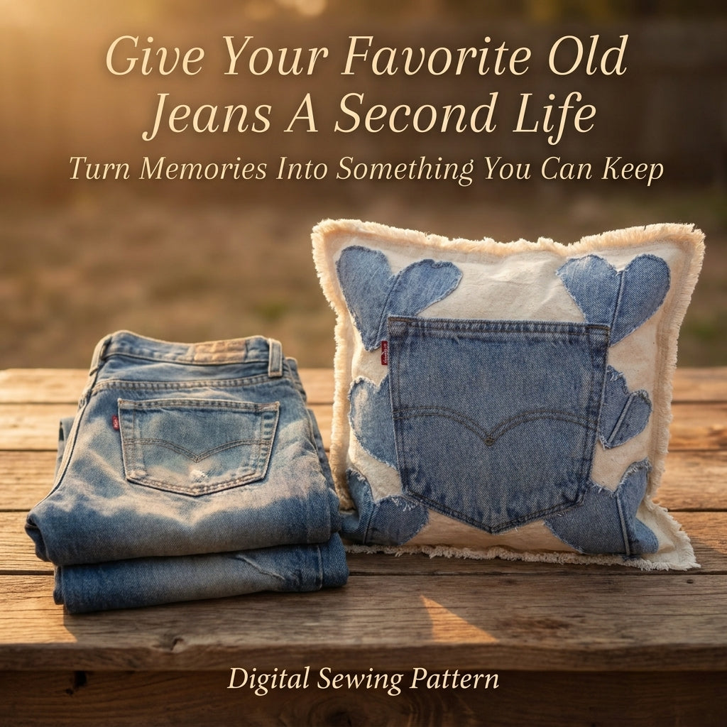 Upcycled Denim Heart Pillow Pattern | Jeans Pocket & Appliqué Hearts on Raw Canvas | Beginner Sewing Project | PDF Instant Download